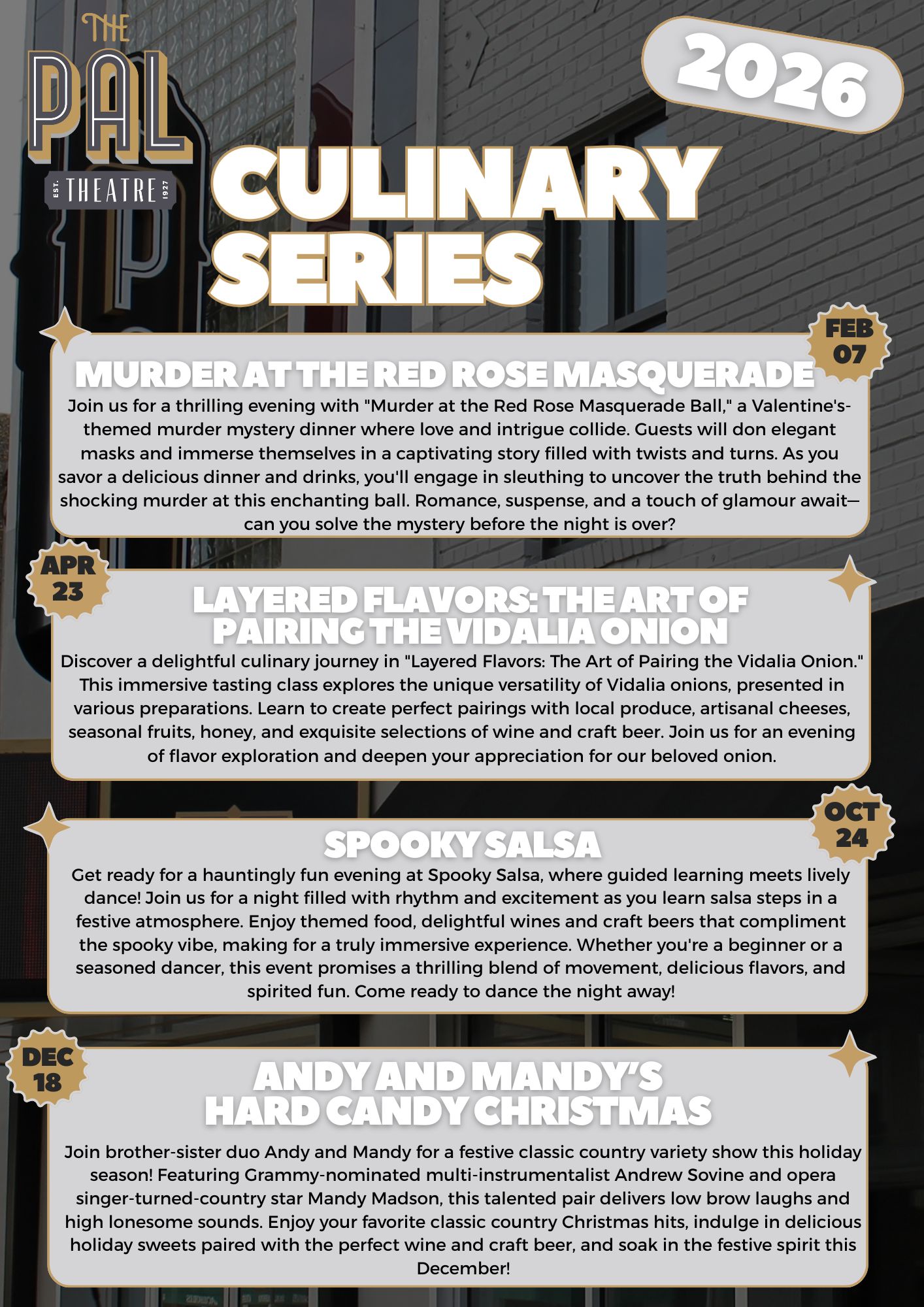 The Pal Theatre: 2025 Showcase Pass- Balcony | $150 per seat, VIP Seat | $125 Per Seat, Main Floor | $100 Per Seat, Community Series - Balcony | $80 Per Seat, VIP Seat | $60 Per Sear, Main Floor |  $40 Per Seat , 1 Pal Players Play, 1 Theatre Camp Show, 2 Art Gallery Meet & Greet Art Exhibition, 1 Season Showcase. 